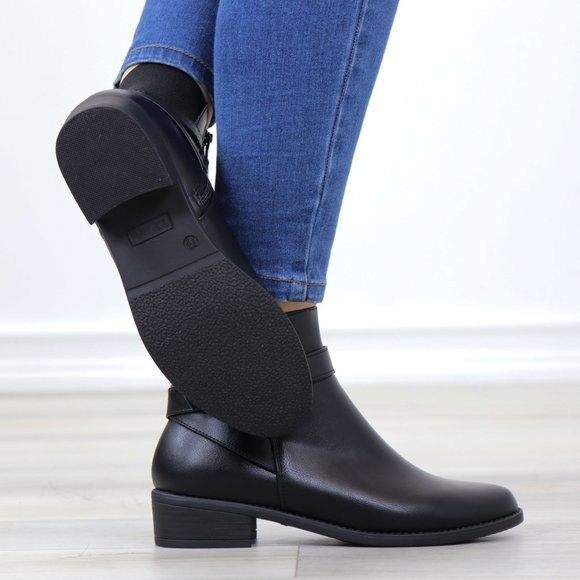 Black Synthetic Leather Chelsea Round Toe Low Heel Ankle Boots - Picture 5 of 12